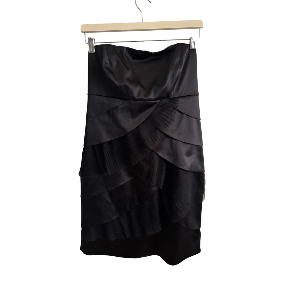 RW&CO Black Satin Strapless Tiered Pleated Cocktail Dress Women Size 12